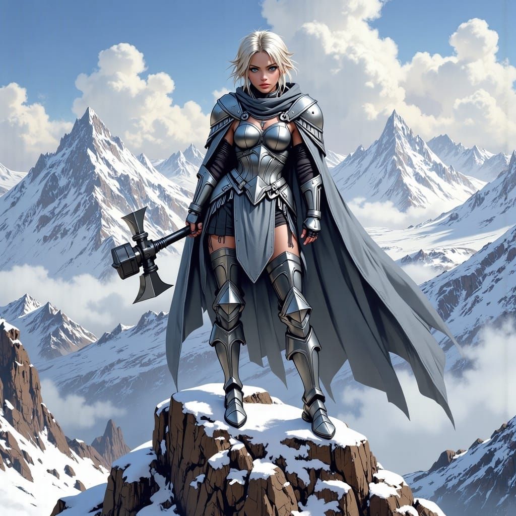 Anime Knight with Warhammer on Mountain Peak