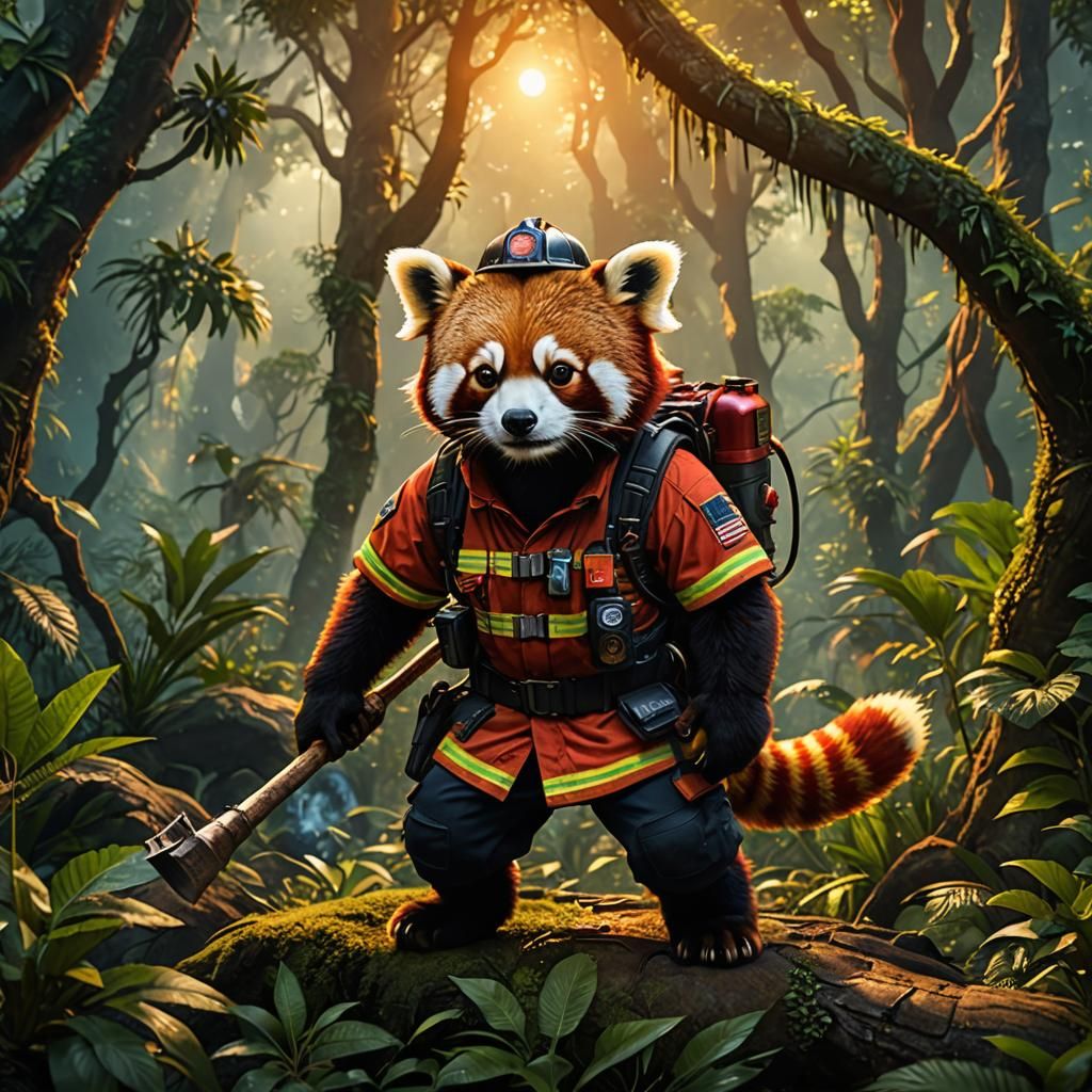 Red Panda Firefighter in a Sunset Rainforest