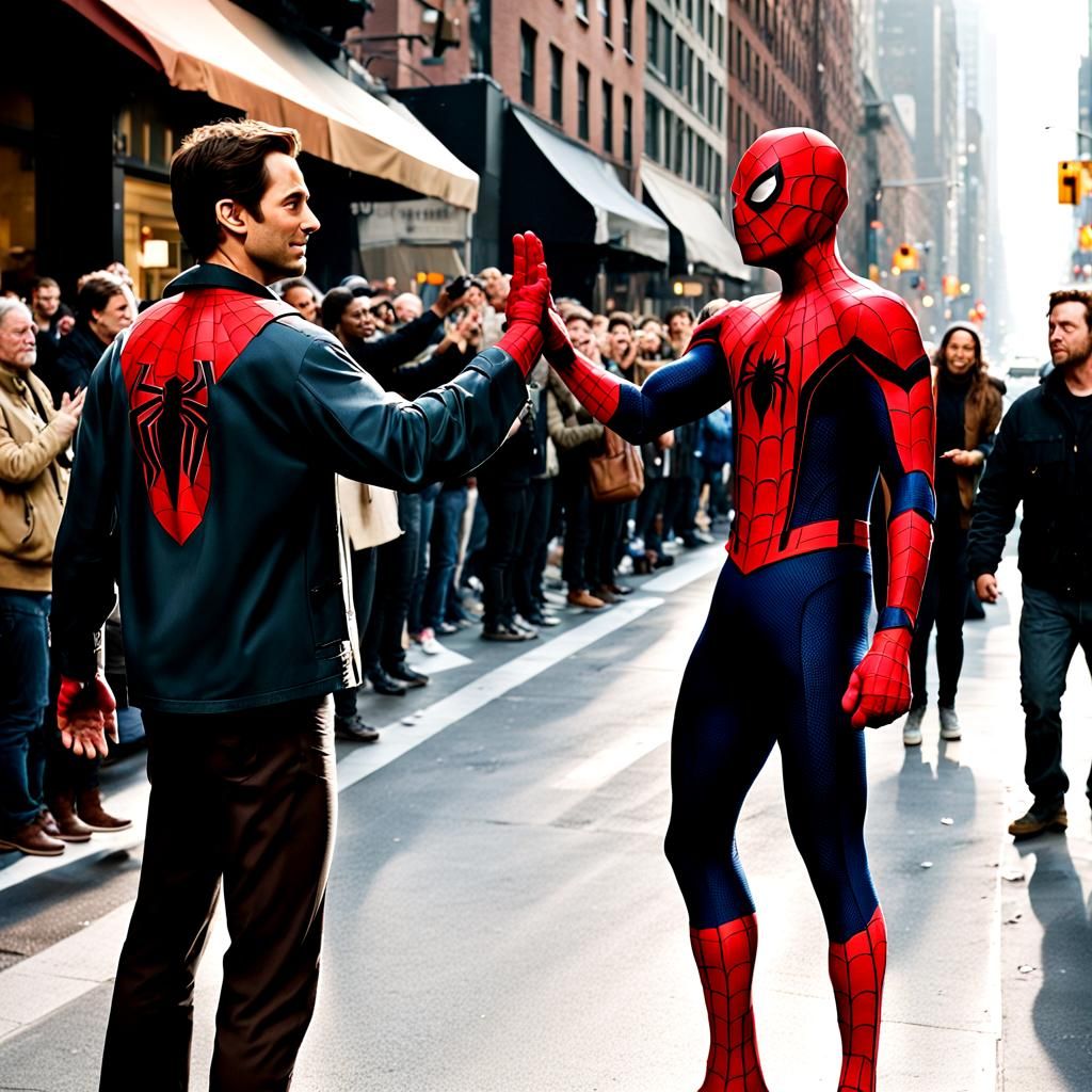 A "high five" from Tobey Maguire and his iconic Spider-Man celebrating Nightcafe's 555th Daily Challenge