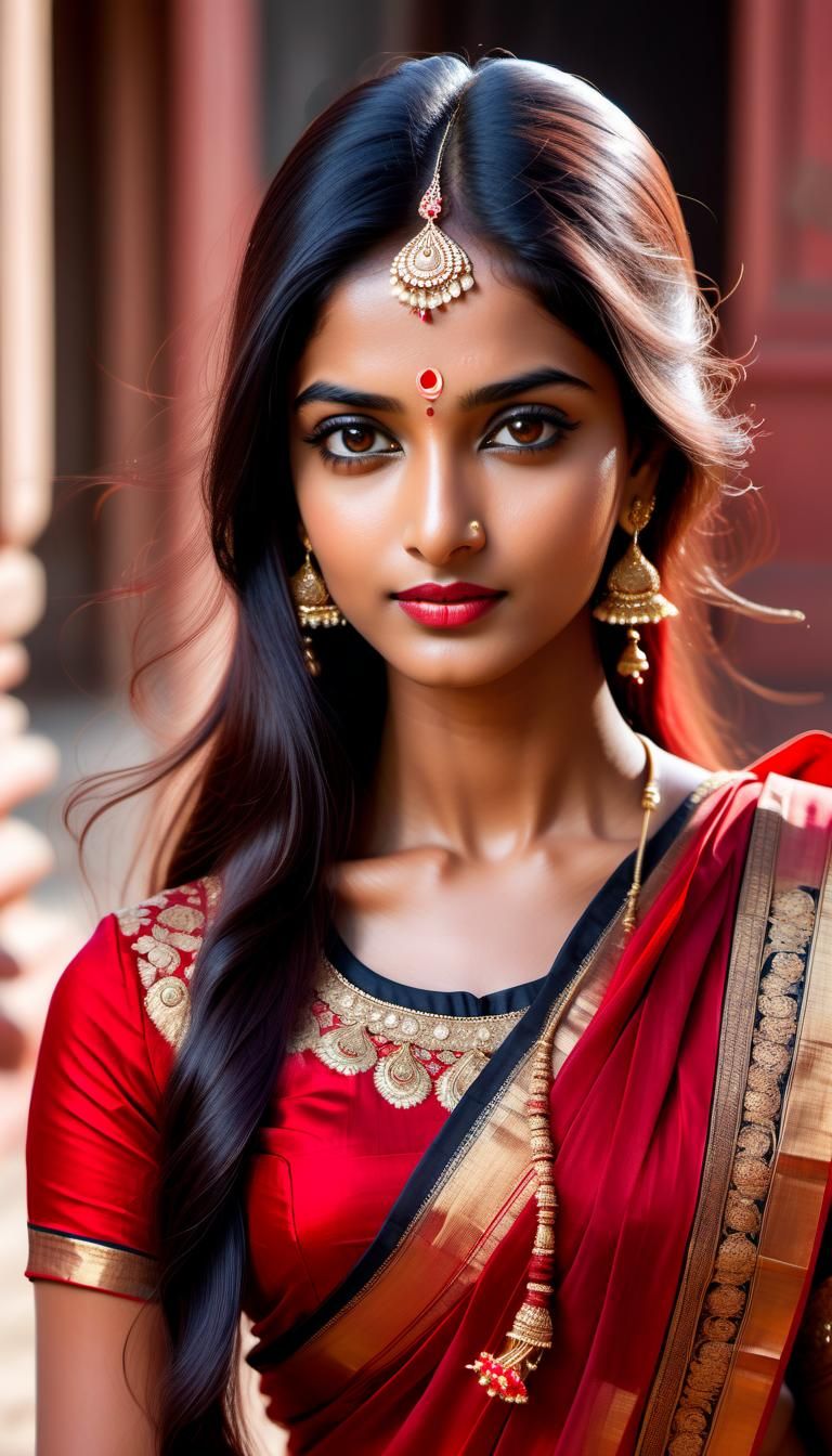 Beautiful Indian Woman in Red Saree, 8k