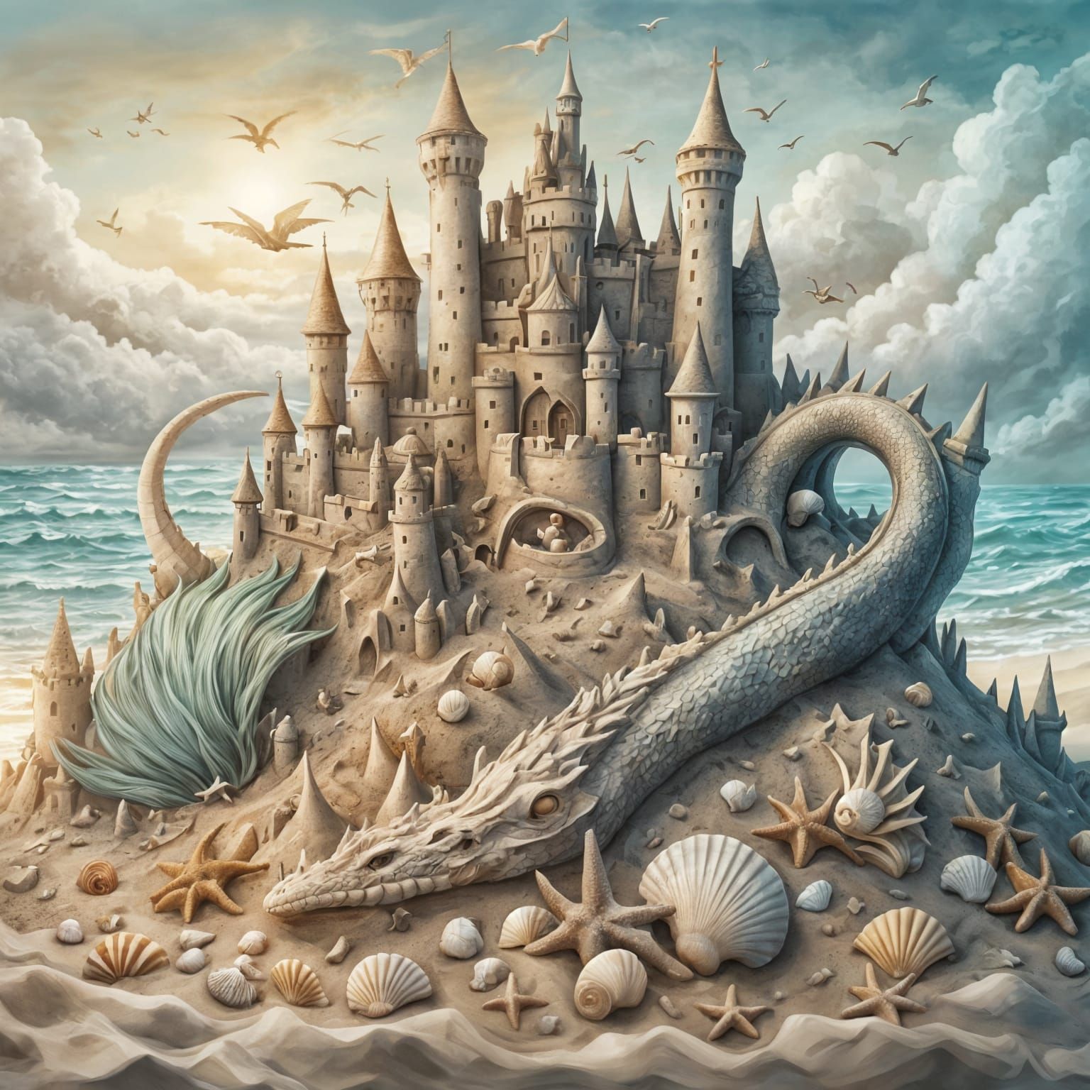 Whimsical Sandcastle Protected by Sand Dragon