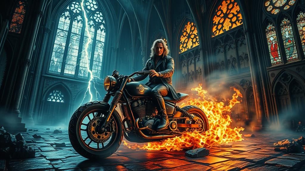 Steampunk Rocker in Gothic Cathedral, Maximalist Art