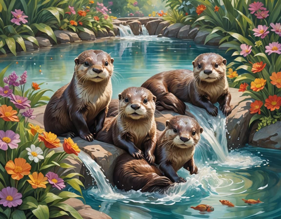 Otters on a Waterslide: A Charming Painting