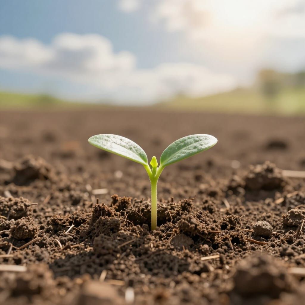 Hopeful Seedling Emerges from Soil in Warm Sunlight