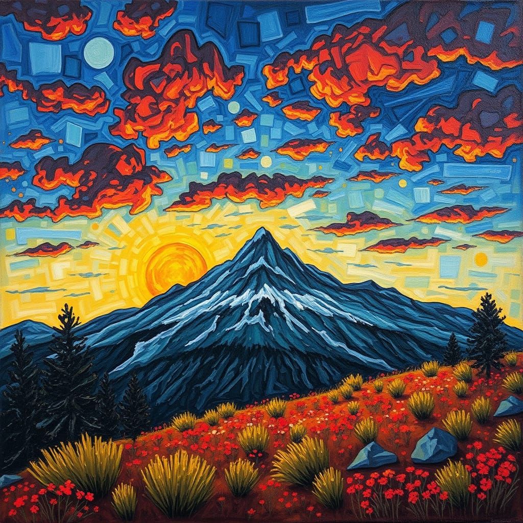 Mountain Sunset in Abstract Expressionist Style