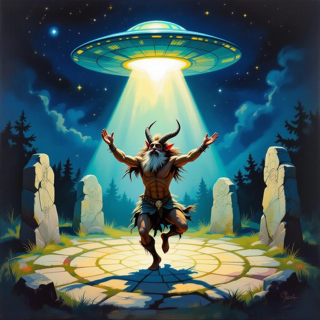 Satyr Dancing in Stone Circle Under UFO at Night