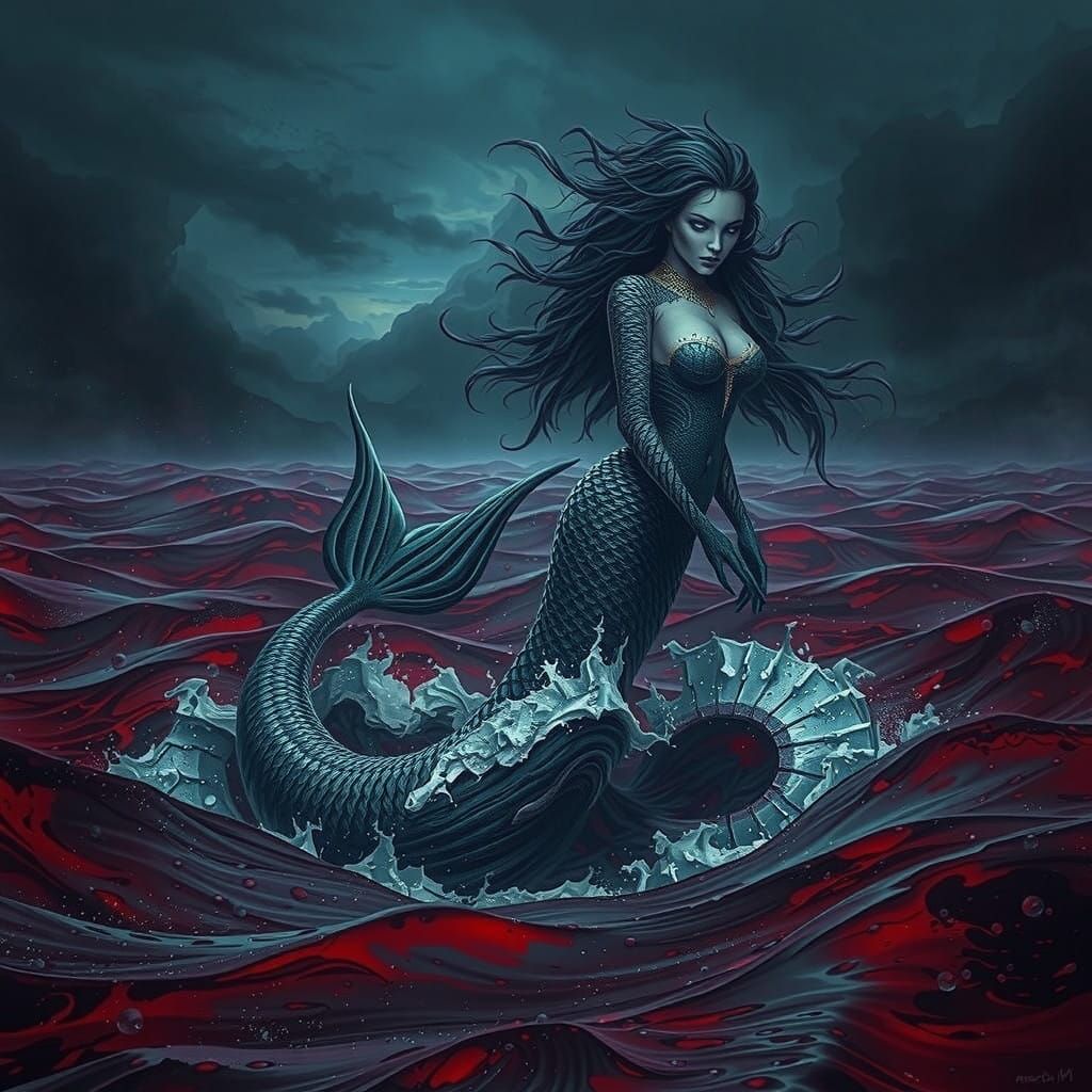 Evil Mermaid Rises from Crimson Sea in Dark Fantasy Art