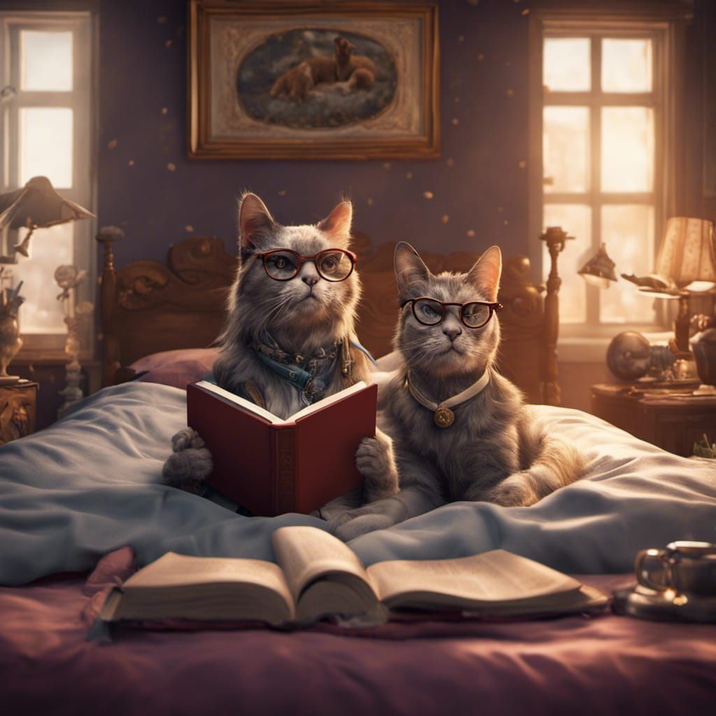 Funny Cat and Dog Reading in Bed: Detailed Matte Painting