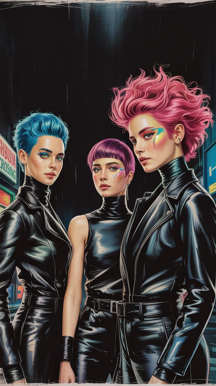 Neon Tokyo: Figures in Black Leather, Cyberpunk Style