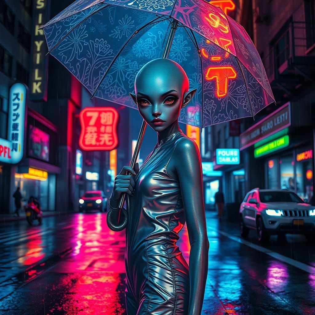 Alien Woman in Futuristic City with Holographic Umbrella
