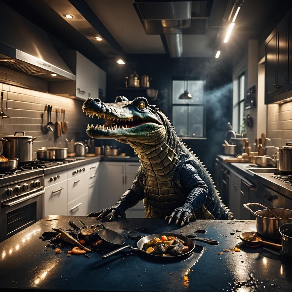 Hyperrealistic Lyle Crocodile Cooking in Modern Kitchen