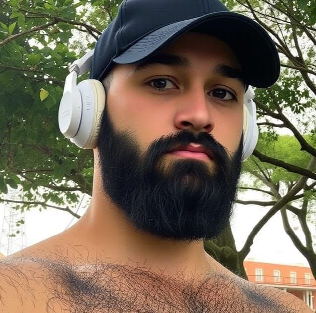 Hyper-Realistic Selfie of Hairy Man with Headphones