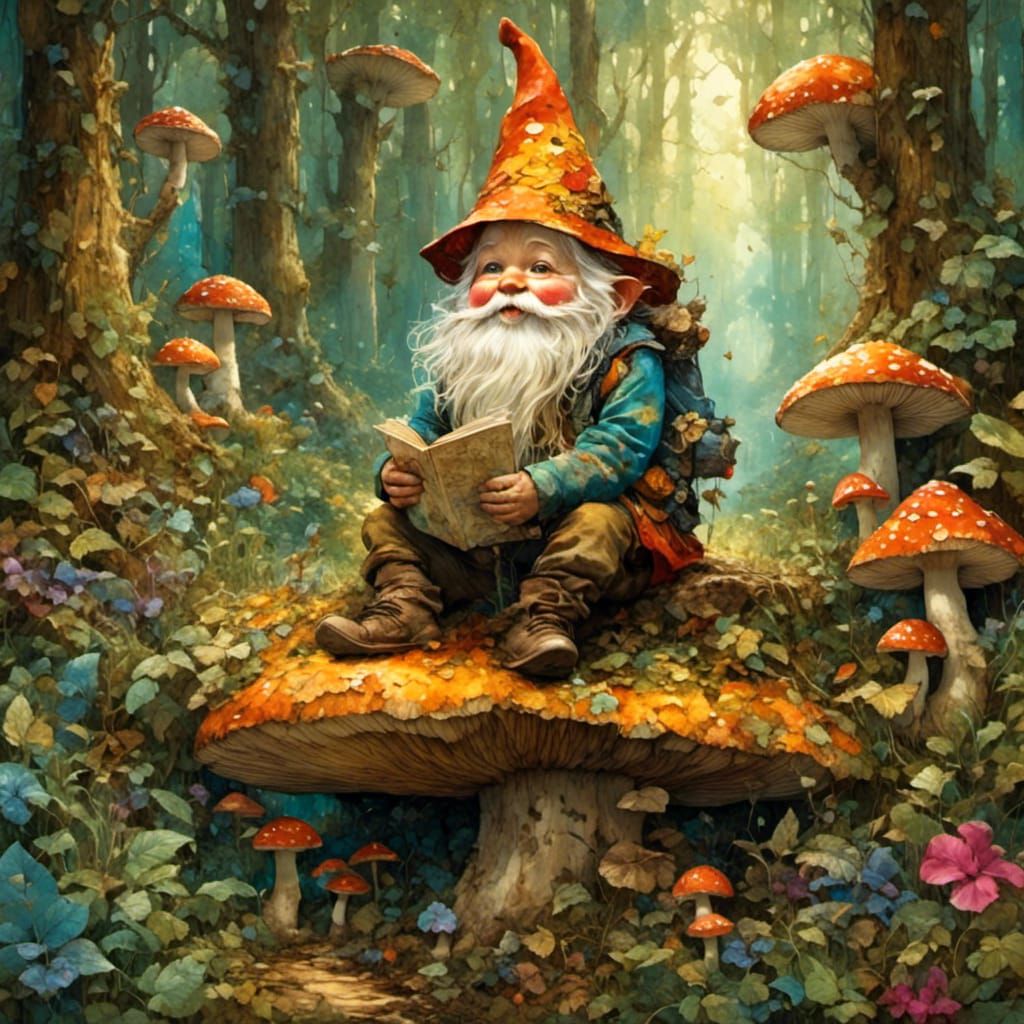 Baby Gnome in Lush Forest: Whimsical Oil Painting