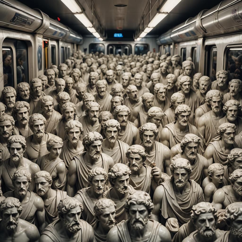 Greek Statues Commuting on Subway Train