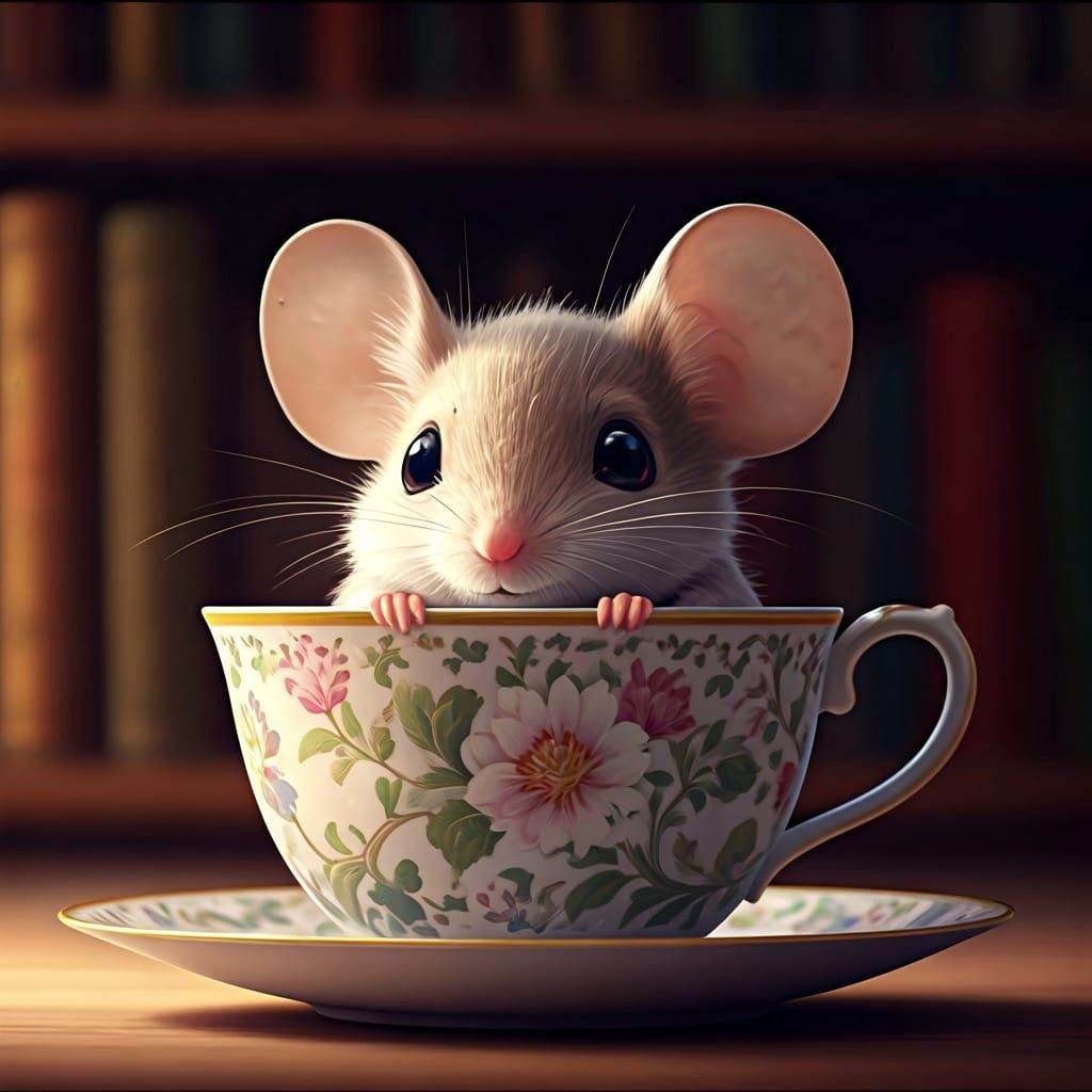 Shy Mouse Peeking from Teacup in Cozy Library