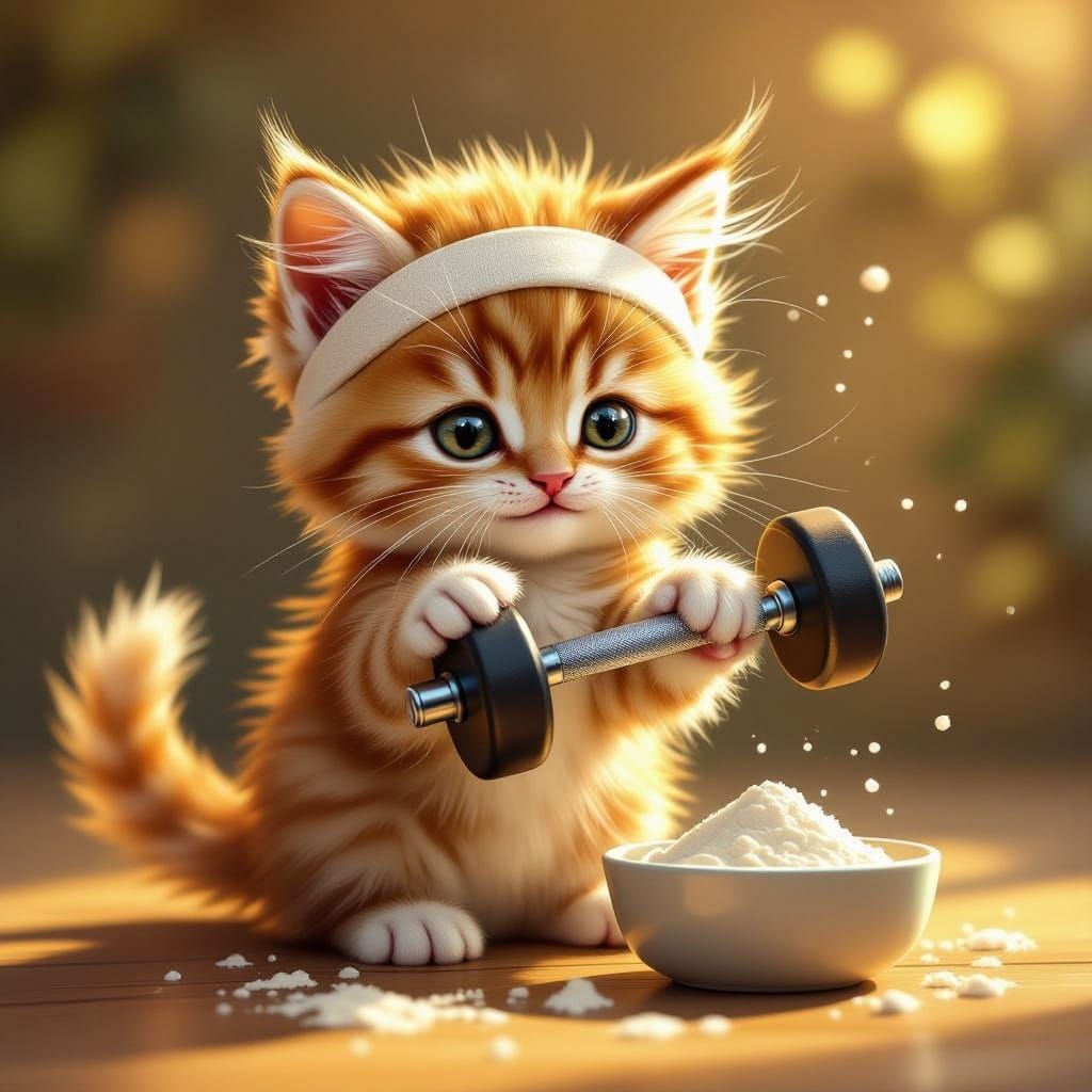Cute Kitten Lifts Dumbbell, Eats Protein in Whimsical Style