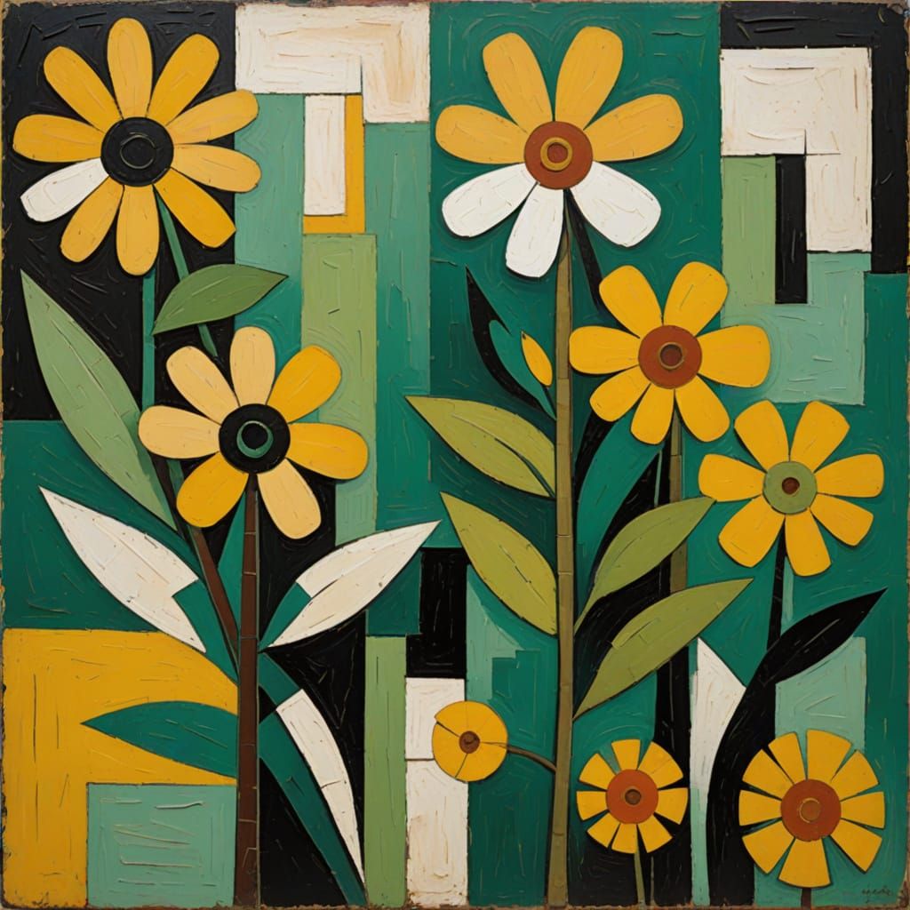 Vibrant Cubist Blooms in Earthy Tones