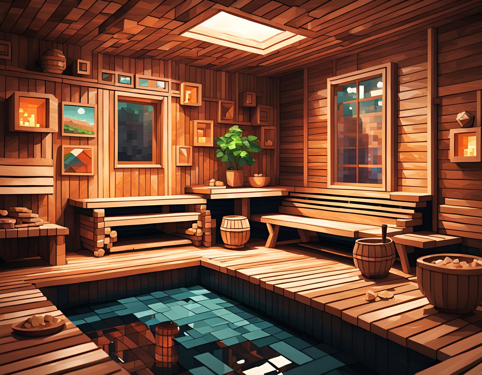 Cubist Pixel Art Sauna with Tilt-Shift Effect