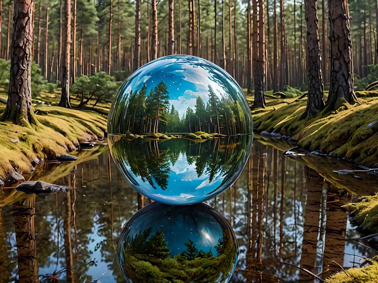 Chrome Orb Sculpture in a Norwegian Forest