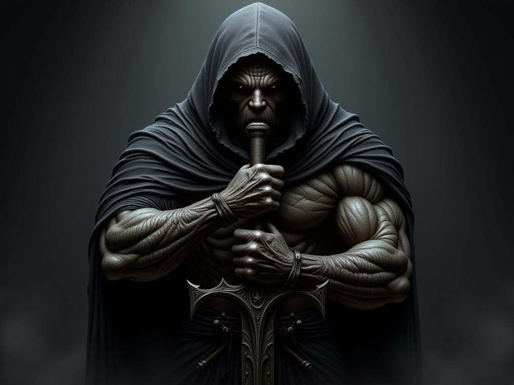 Darkly Illustrated Bodybuilder Warrior in Tattered Robes