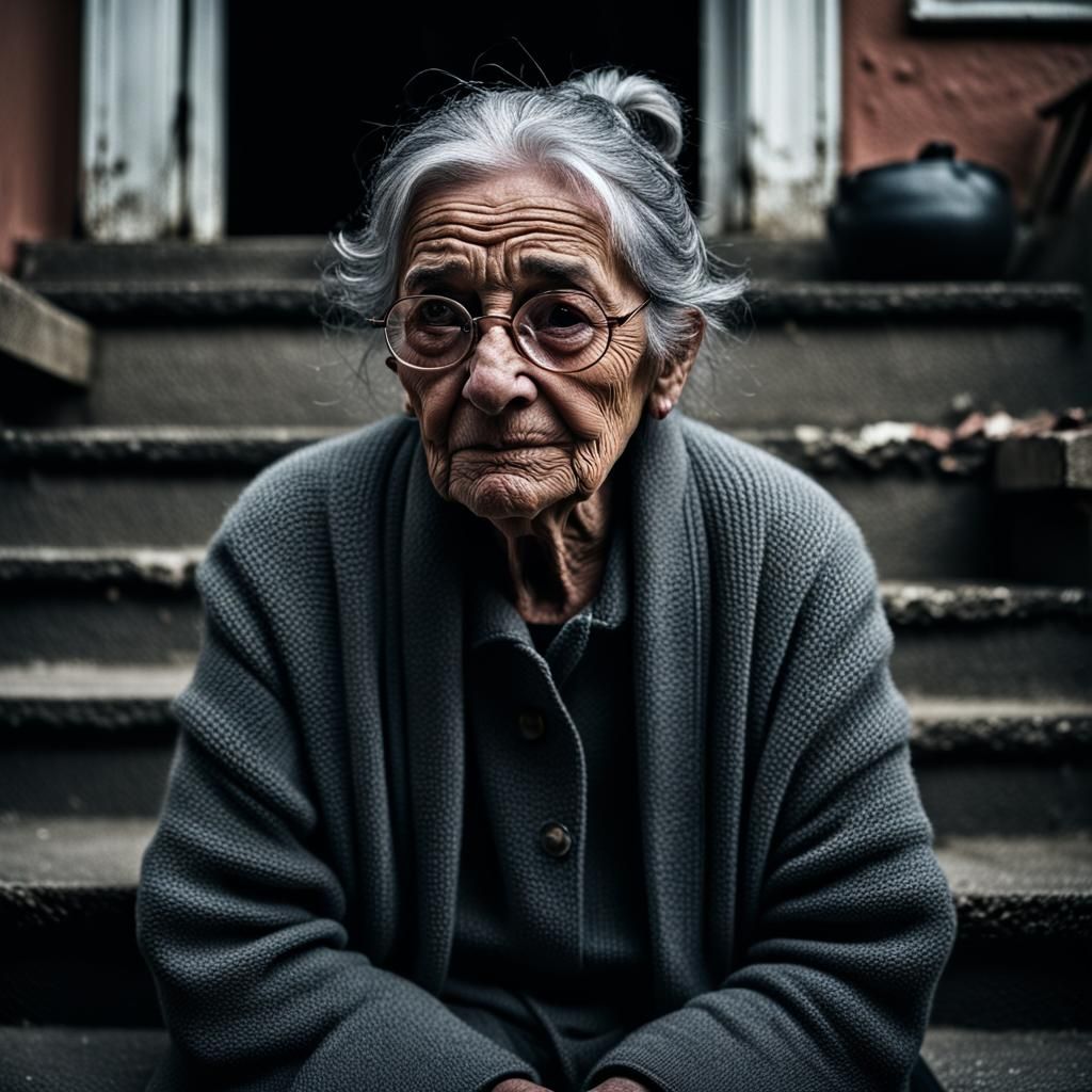 Sad Old Woman Portrait in Photojournalistic Style
