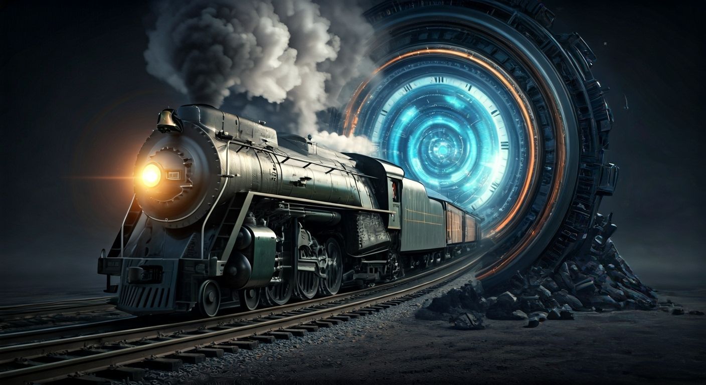 Miniature Steam Train Emerges from Swirling Time Portal