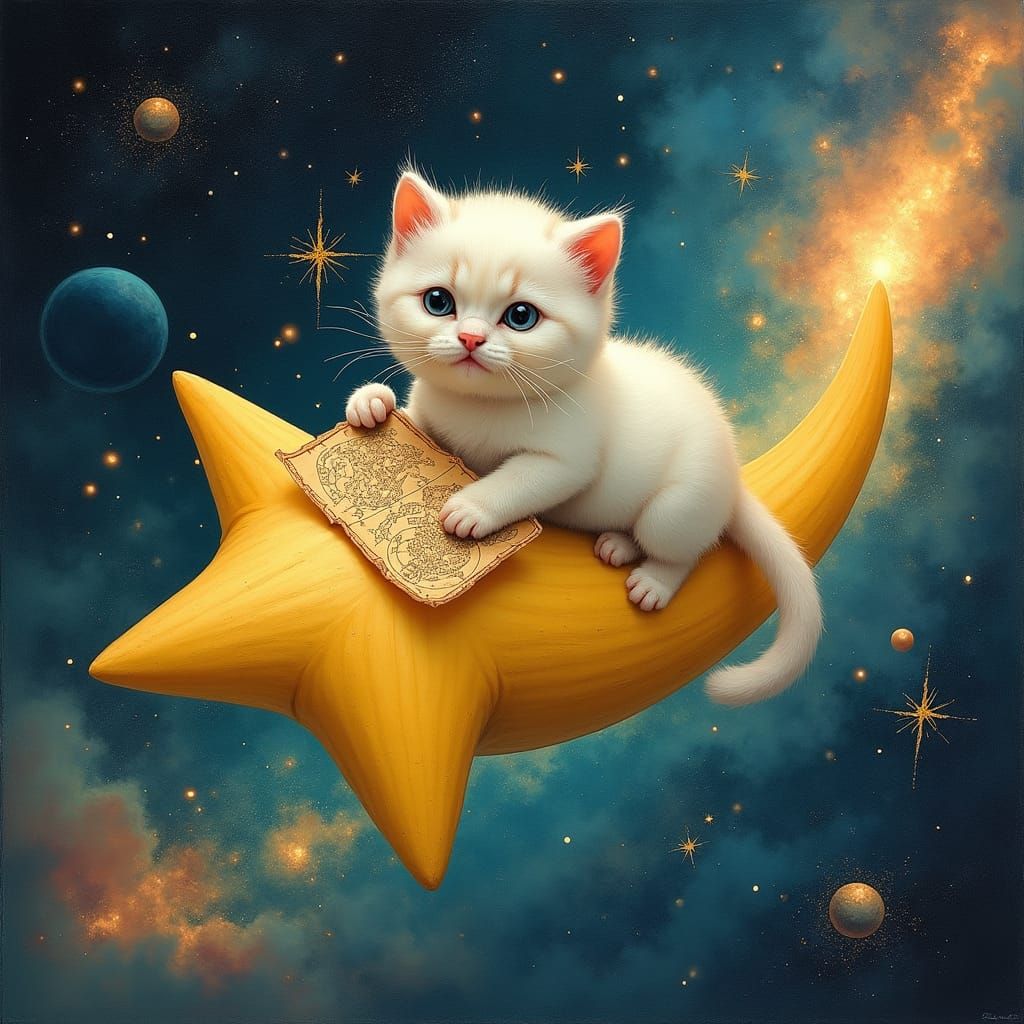 Scottish Fold Kitten's Cosmic Journey on Shooting Star