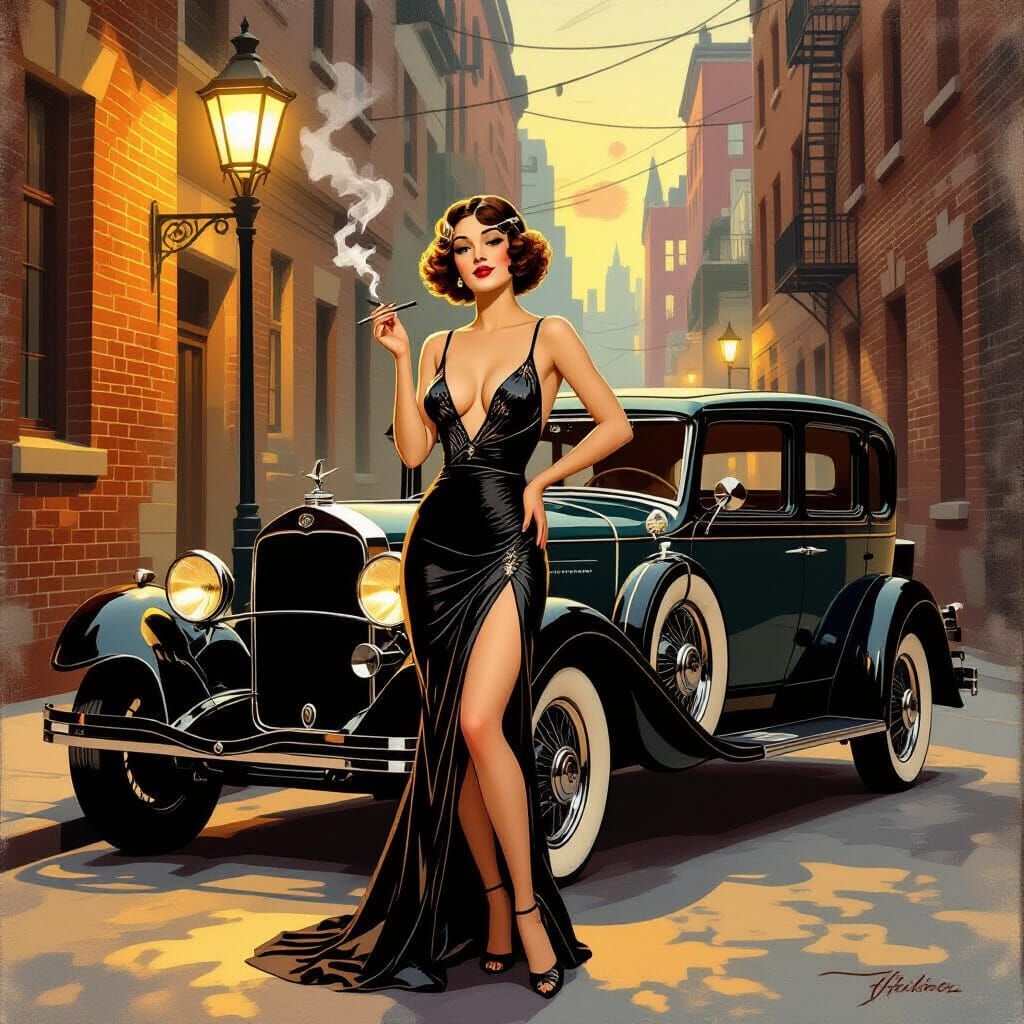 1920s Pinup Girl in Vintage Car, Golden Hour Glow