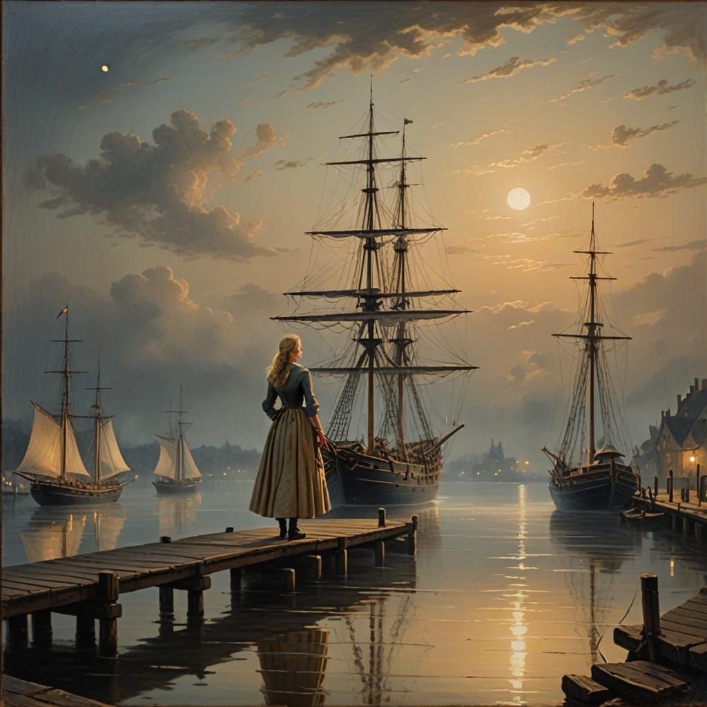 Romantic Era Sailing Ship at Night