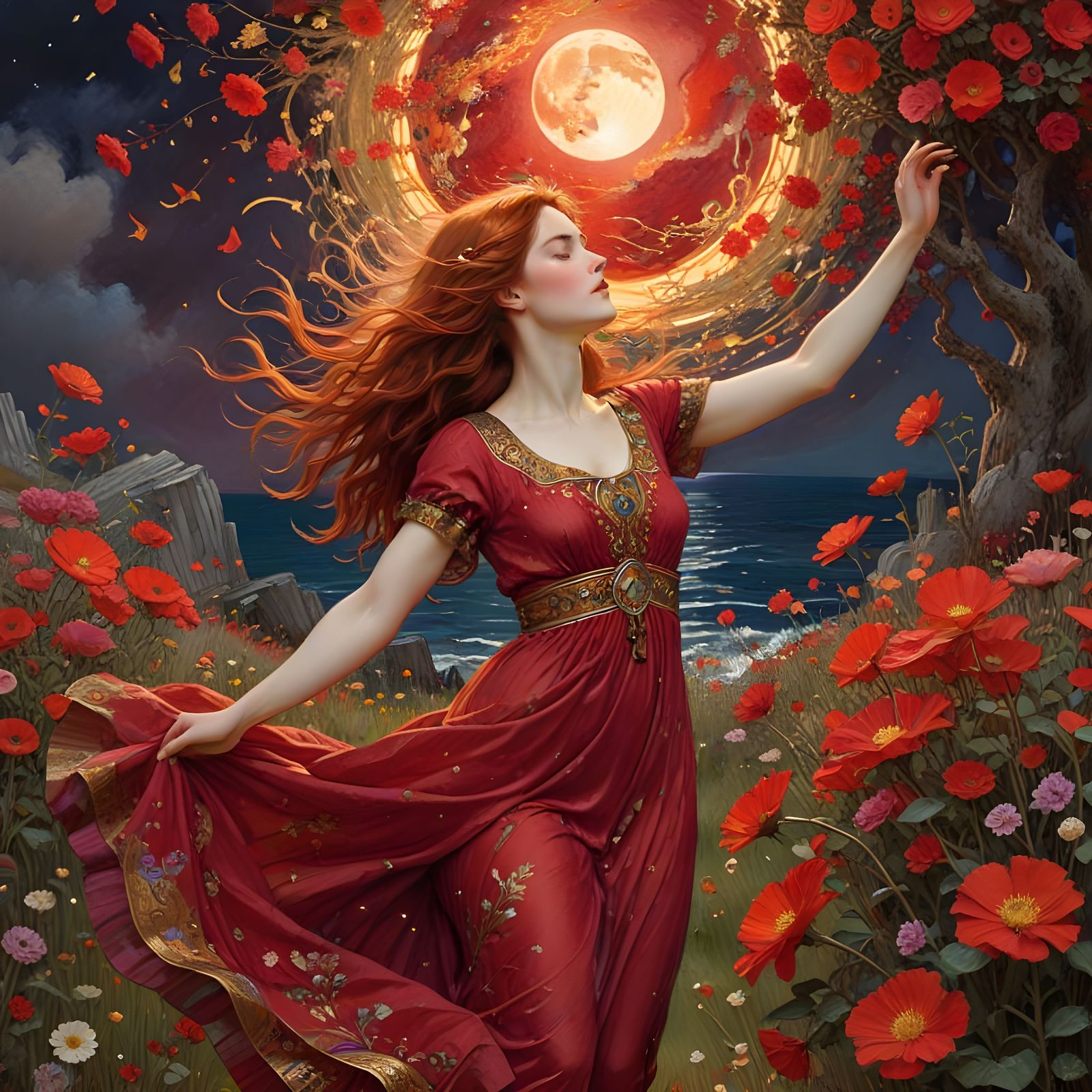 Fiery Red Goddess Dancing Under the Crimson Moon