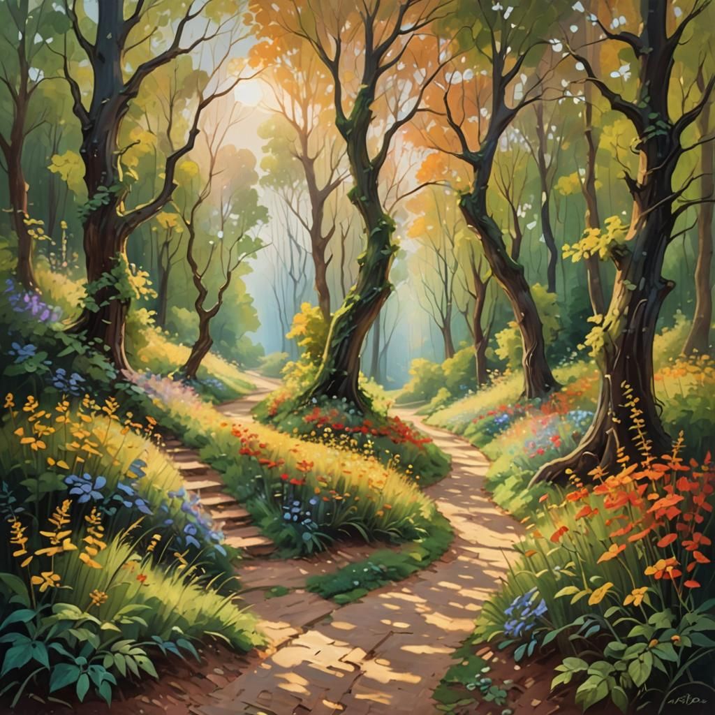 Idyllic Forest Path in Sunlight: Impressionist Oil Painting