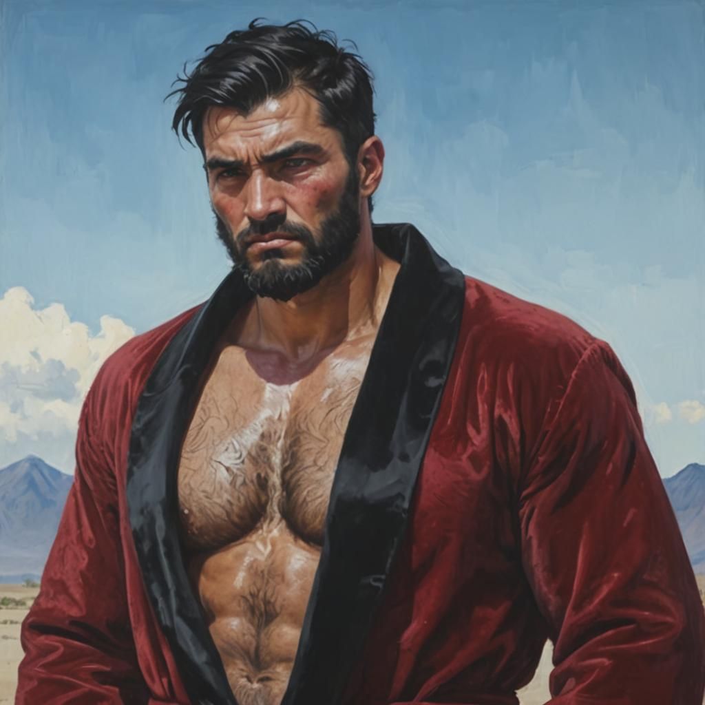 Hirsute Man in Red Robe: Impasto Gouache Portrait