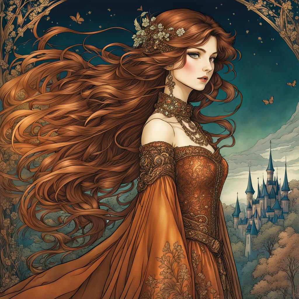 Fairytale Woman in Copper Gown, Arthur Rackham Style
