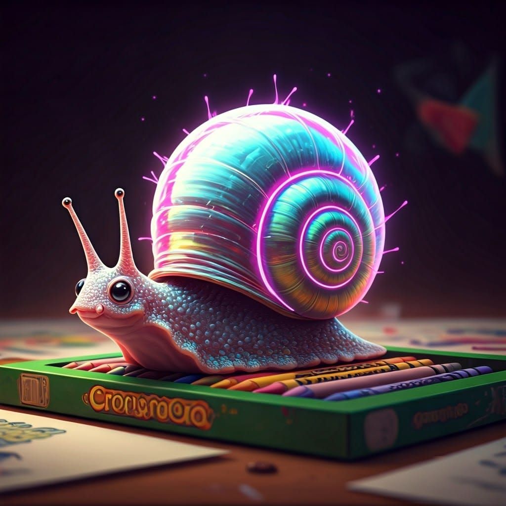 Iridescent Rainbow Snail on Crayons, Digital Art