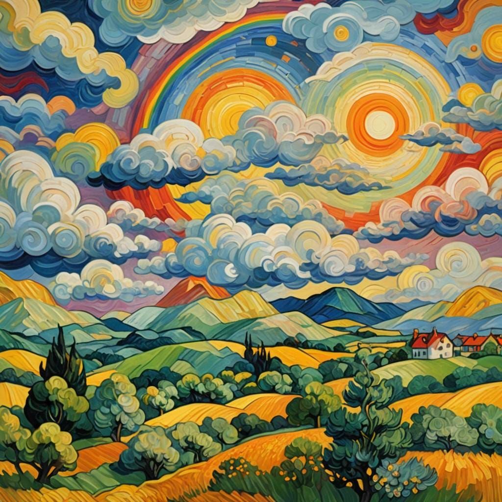 Rainbow Clouds Landscape in Post-Impressionist Style