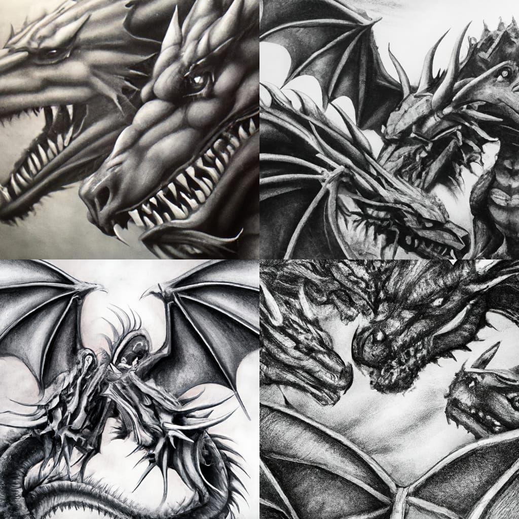 Hyperdetailed Charcoal Drawing of Dragons