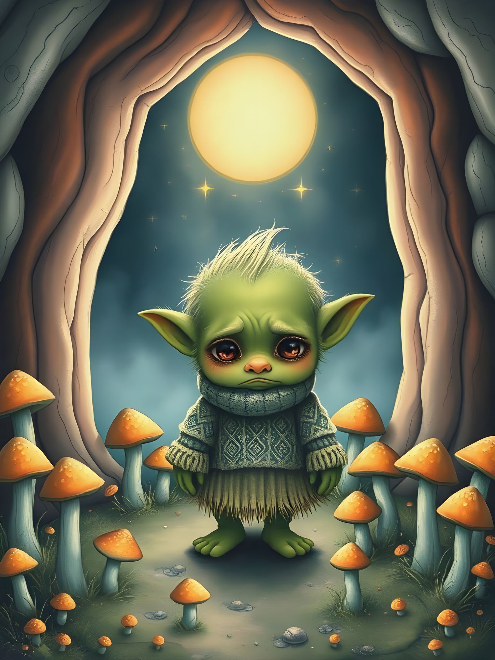 Whimsical Sad Troll in a Rainbow Room