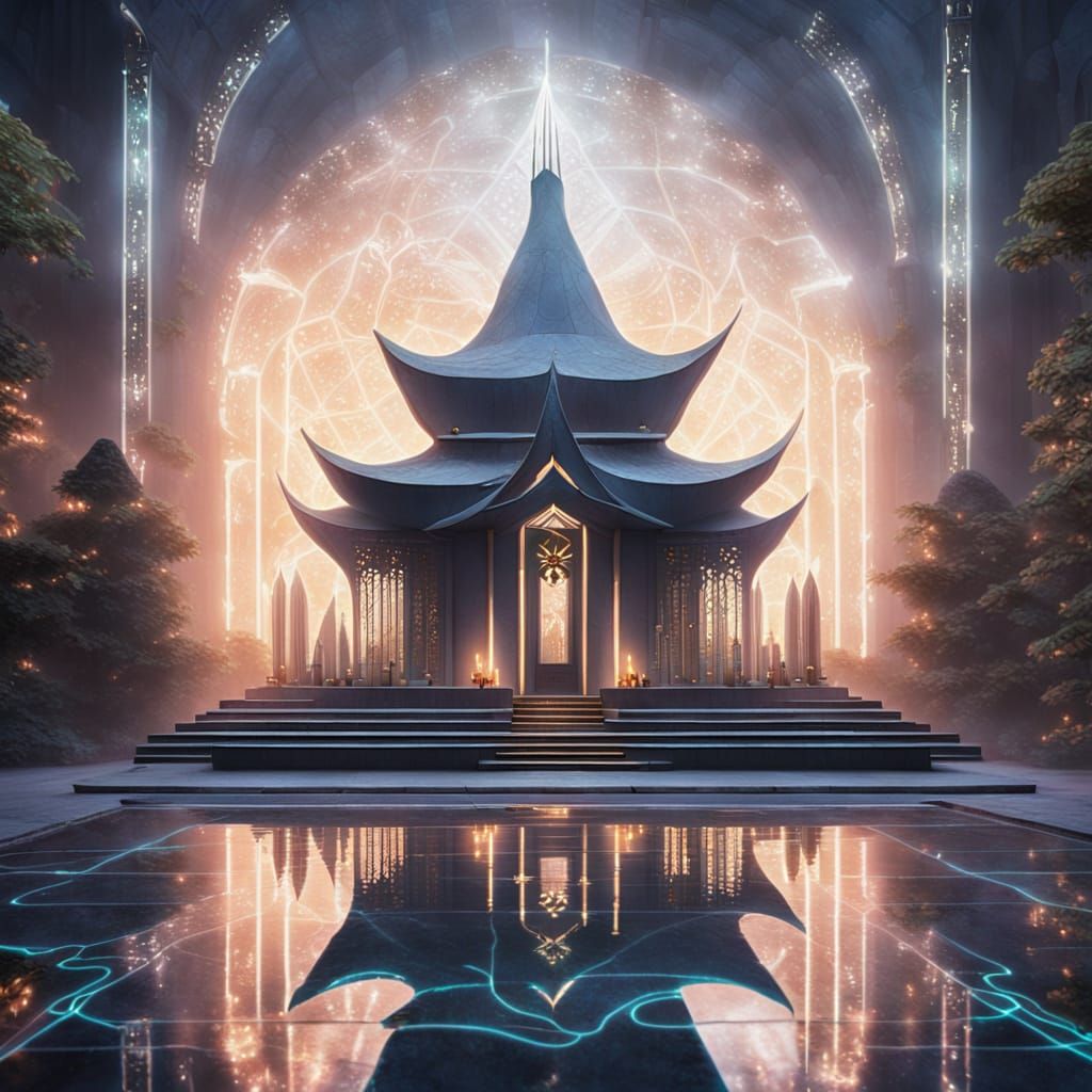 Ethereal AI Priestess Meditating in Futuristic Temple