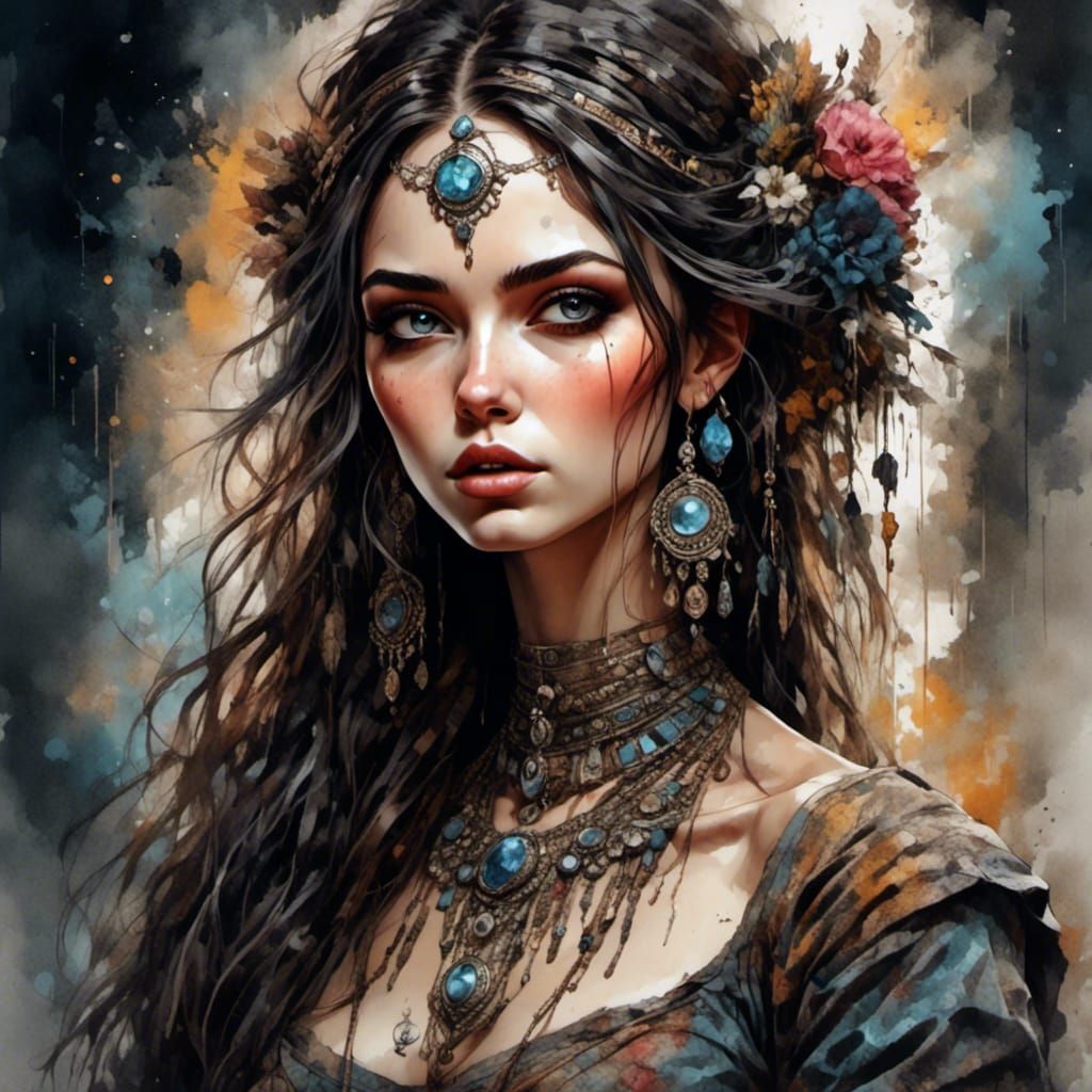 Beautiful Gypsy Woman with Dark Hair and Jewelry