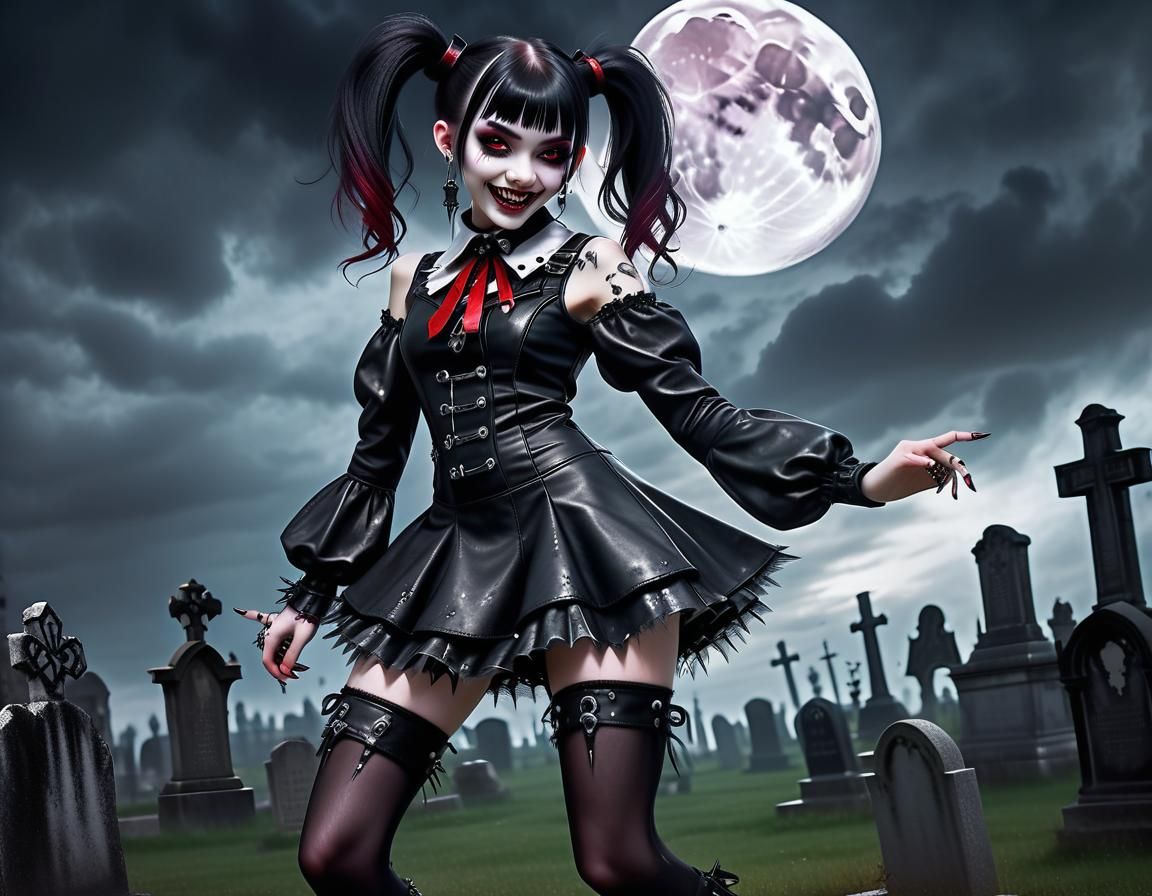 Punk Vampire in Gothic Cemetery at Night