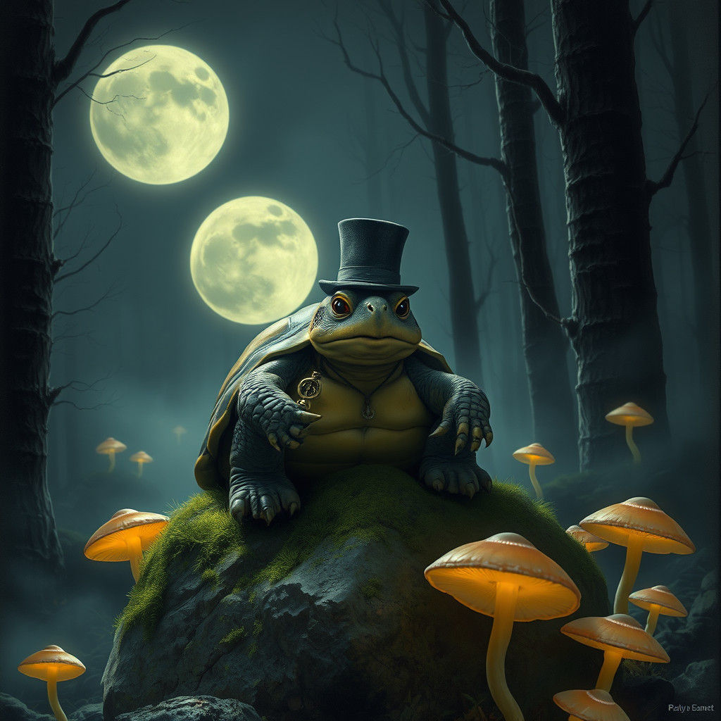 Stern Turtle in Moonlit Forest, Dark Surrealism