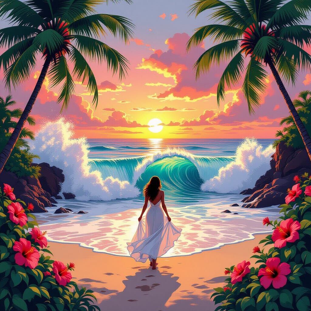 Tropical Sunset Wave with Woman in Hyperrealistic Style