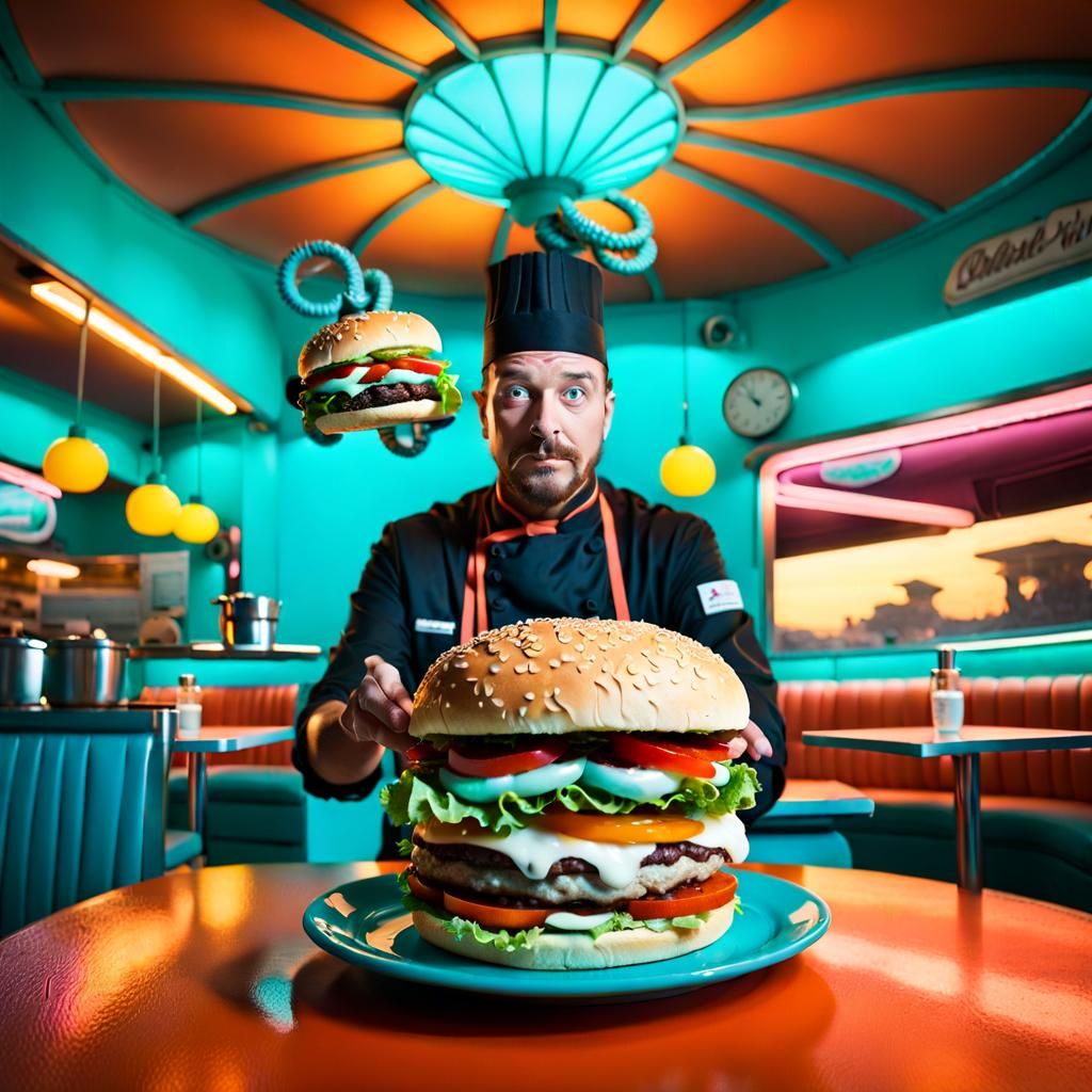 Surreal Octopus Burger in Beachside Diner