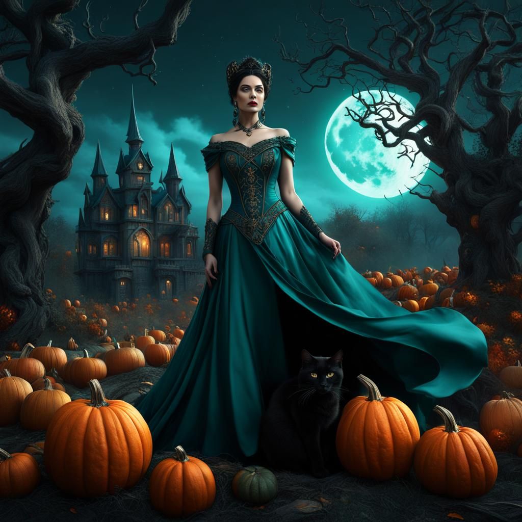 Gothic Empress with Black Cat and Full Moon