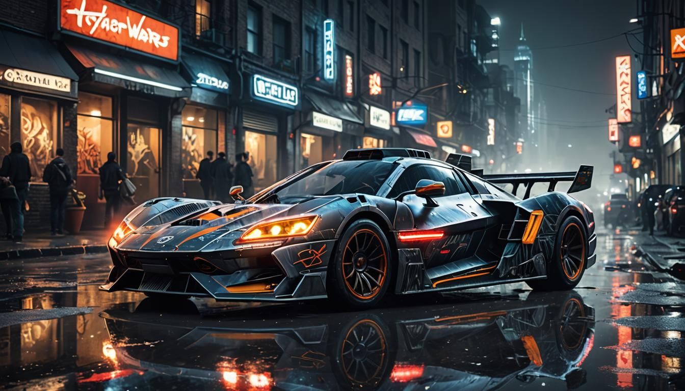 Cyberpunk X-Wing Hypercar on Misty City Street