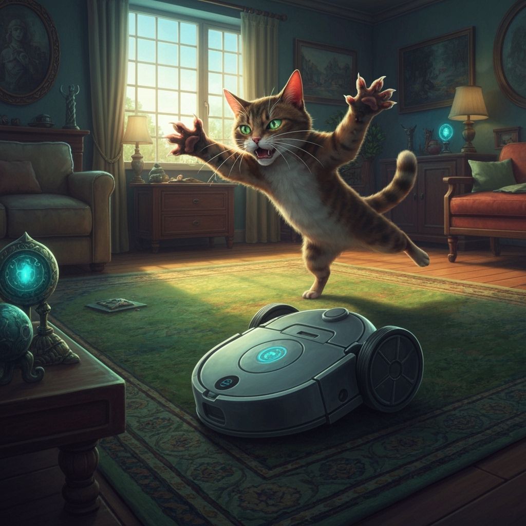 Cat Pounces on Roomba in Mystical Living Room