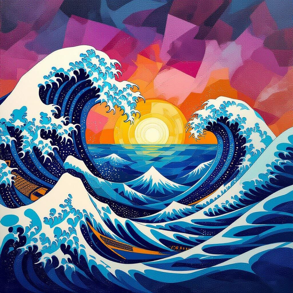 Surreal Ocean Waves Crashing: A Cubist Rendering