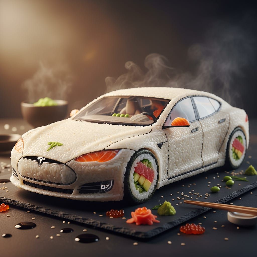 Sushi Rice Tesla Car, Realistic Texture, Vibrant Colors