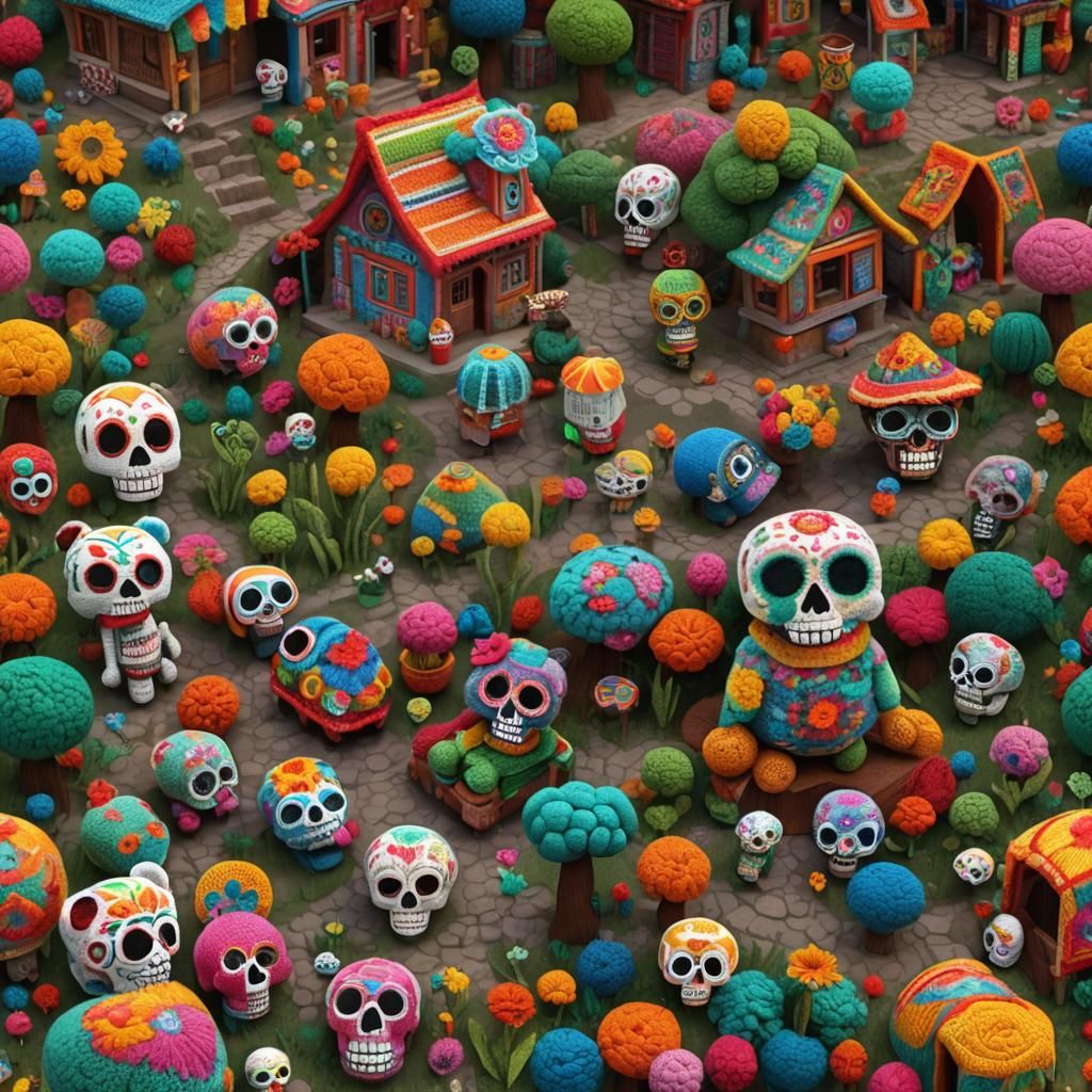 Colorful Crochet Mexican Village with Sugar Skulls