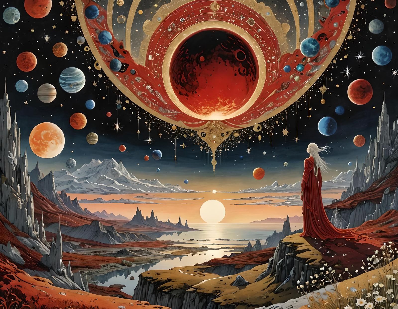 Cosmic Sunset with Planets and Stars